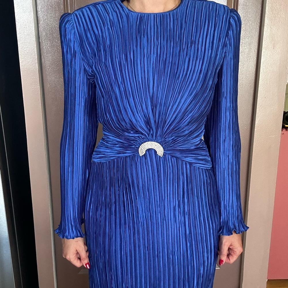 Vintage Royal Blue Long Sleeve Pleated Dress